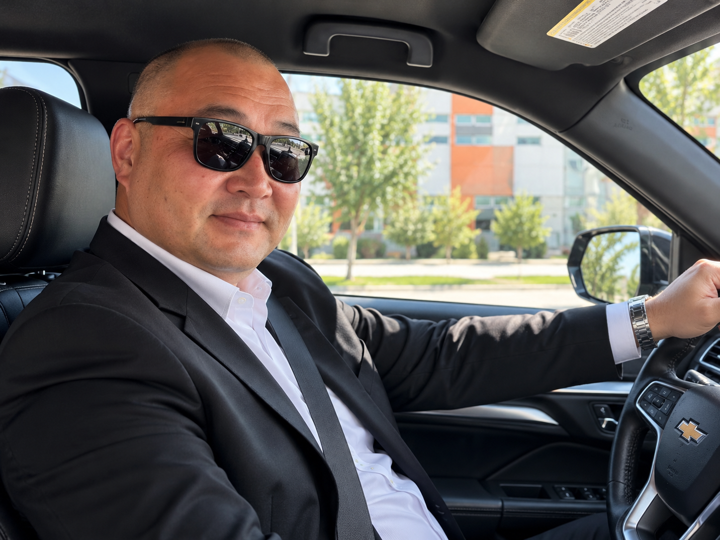 Maxim, founder of GC GROUP, in a black suit and sunglasses seated at the wheel of a Chevrolet
