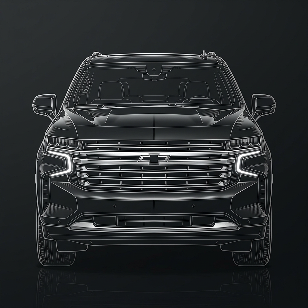Silver-engraved illustration of the front of a black Chevrolet Suburban