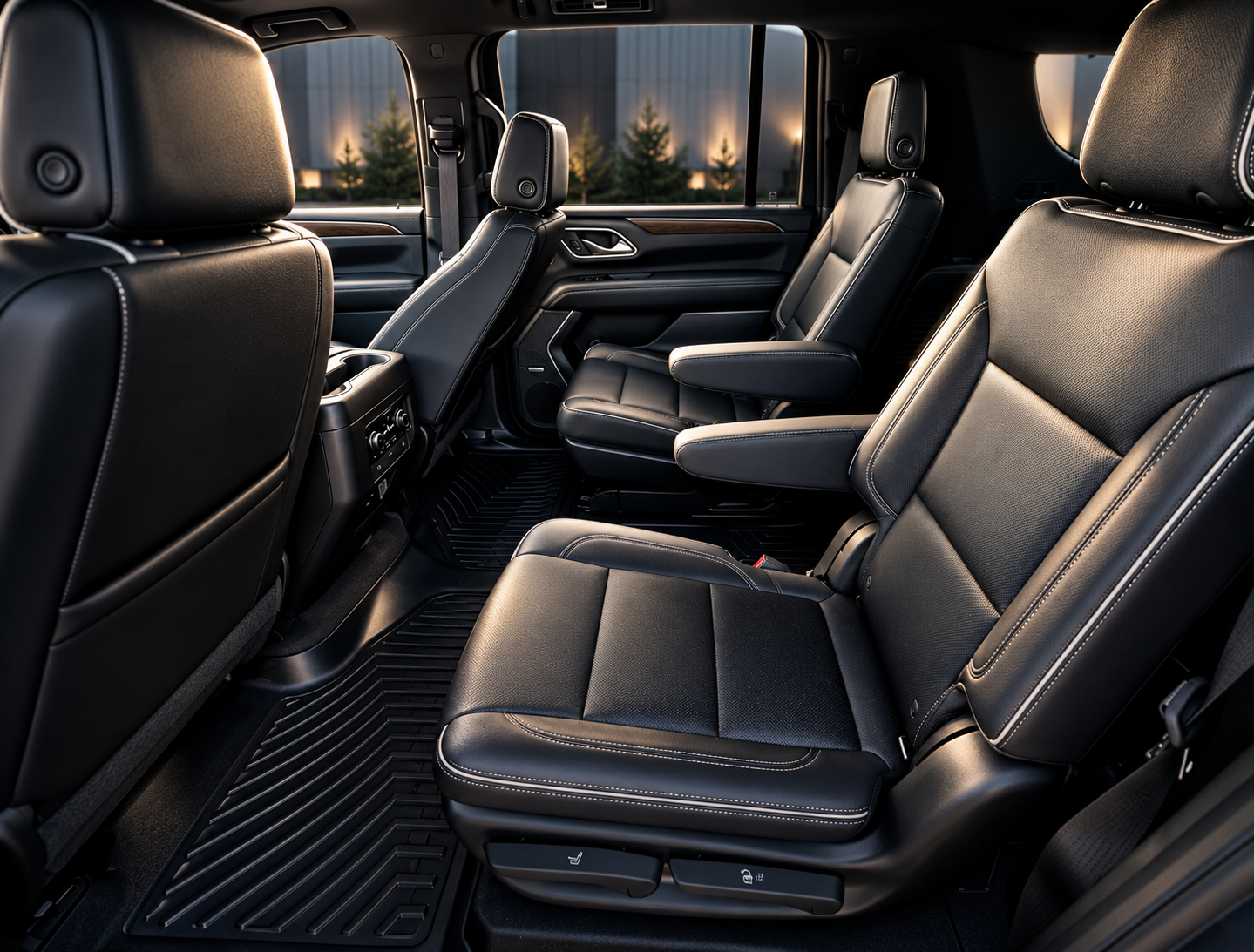 Second-row black leather captain chairs with contrast stitching inside the GC GROUP Chevrolet Suburban at dusk